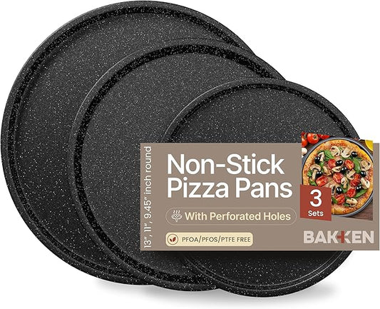 Gray Marble Non Stick Pizza Pans Set of 3 – Carbon Steel Pizza Baking Trays (9.45", 11.02", 12.99") for Oven Use, Durable, PFOA, PFOS, PTFE Free, Dishwasher Safe, Stain-resistant, Easy Cleanup