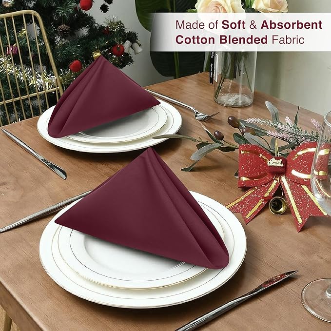 Ruvanti Cloth Napkins Set of 12, 18x18 Inches Napkins Cloth Washable, Soft, Durable, Absorbent, Cotton Blend. Table Dinner Napkins Cloth for Hotel, Weddings, Dinner, Christmas Parties - Burgundy