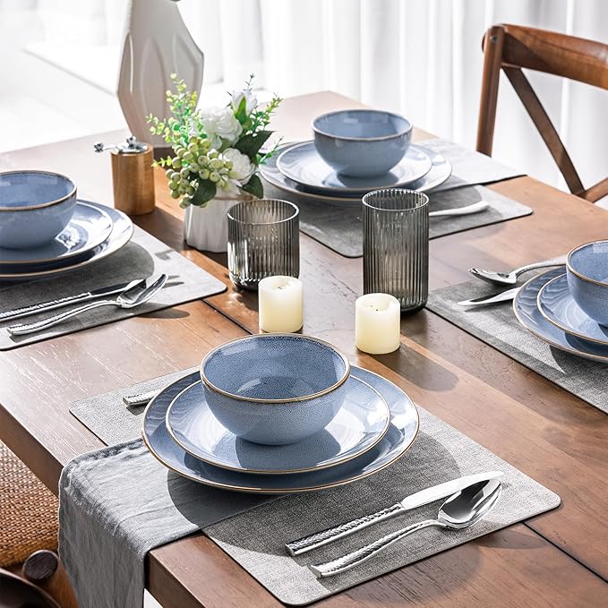 GBHOME Ceramic Dinnerware Sets for 4, 12 Pieces Stoneware Plates and Bowls Sets, Reactive Glaze Dishes -Scratch Resistant, Dishwasher&Microwave Safe- Brunnera Blue