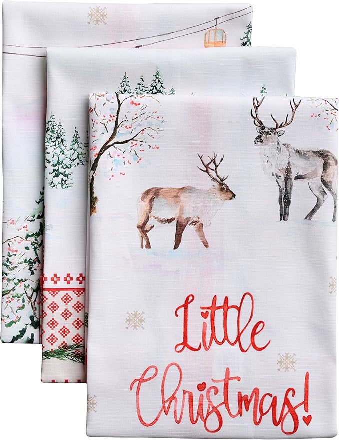 Maison d' Hermine Kitchen Towels Set of 3 100% Cotton 20" x 27.5" Reusable Cloth Tea Dish Towels Absorbent with Hanging Loop for Kitchen Dining Thanksgiving Christmas Decorations (Rural Christmas)
