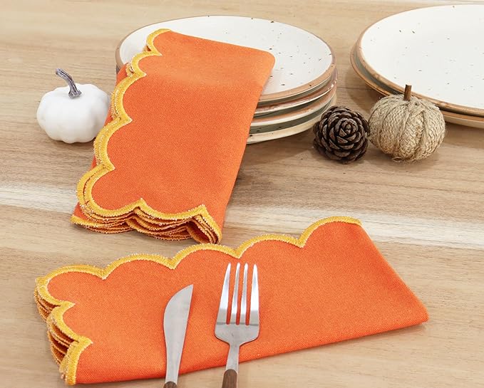 PurpleEssences Scalloped Embroidery Cloth Napkins Christmas Holiday Winter Table Decor 100% Cotton Set of 4-18 x 18 inch - Orange - Edges - Golden Yellow