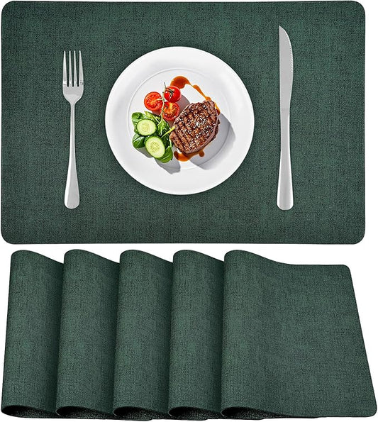 Vinly Placemats Set of 6 - Waterproof Wipeable Faux Leather Table Place Mats Heat Resistant Anti Slip Table Mats for Dining, Indoor, Outdoor, 15.8" x 11.8" (Dark Green)