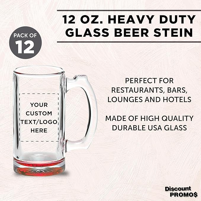 12 Libbey Beer Mugs Set, 12 oz. - Customizable Text, Logo - Groomsmen Glassware - Red