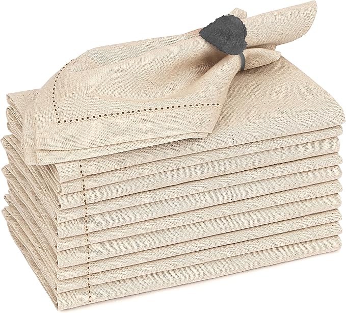 Ruvanti Premium Linen Napkins Set of 12-20x20 Inch, Classic Hemstitch, Mitered Corner Cloth Napkins‎‎ - Soft, Elegant Dinner Napkins Cloth Washable for Weddings, Parties, Everyday Use - Natural