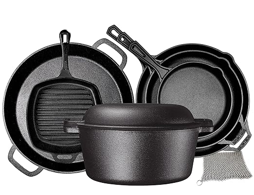 Bruntmor 8 Piece Cast Iron Cookware Set - Pre-Seasoned Pots and Pans Set with Cast Iron Skillets, Grill Pan, Dutch Oven, Pizza Pan, and Scrubber - Heavy Duty Cooking for Home Kitchen or Camping