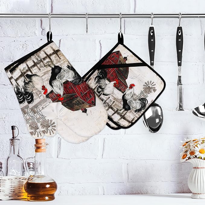 Rooster Print Oven Mitts and Pot Holders Sets of 4 Rustic Chicken Kitchen Mitts Potholders Heat Resistant Farmhouse Cute Oven Gloves Hot Pads for Chicken Kitchen Decor