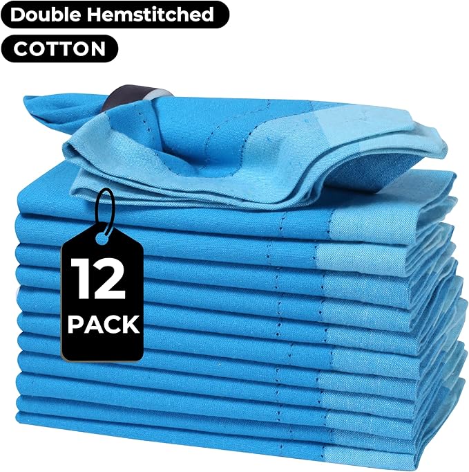 Bedding Craft Cotton Cloth Napkins Set of 12 – 20x20 Blue Multi Double Hemstitched – Machine Washable Dinner Napkins for Weddings, Parties & Father’s Day Celebrations