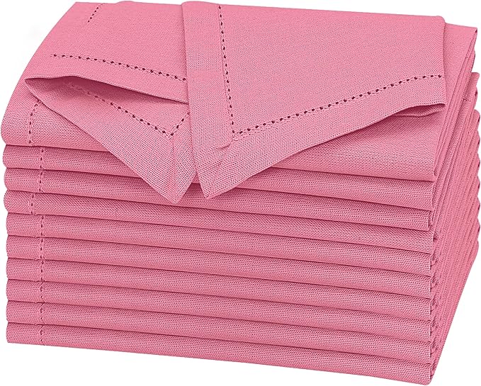 Ruvanti Premium Linen Napkins Set of 12-20x20 Inch, Classic Hemstitch, Mitered Corner Cloth Napkins ‎‎- Soft, Elegant Dinner Napkins Cloth Washable for Weddings, Parties, Everyday Use - Pink