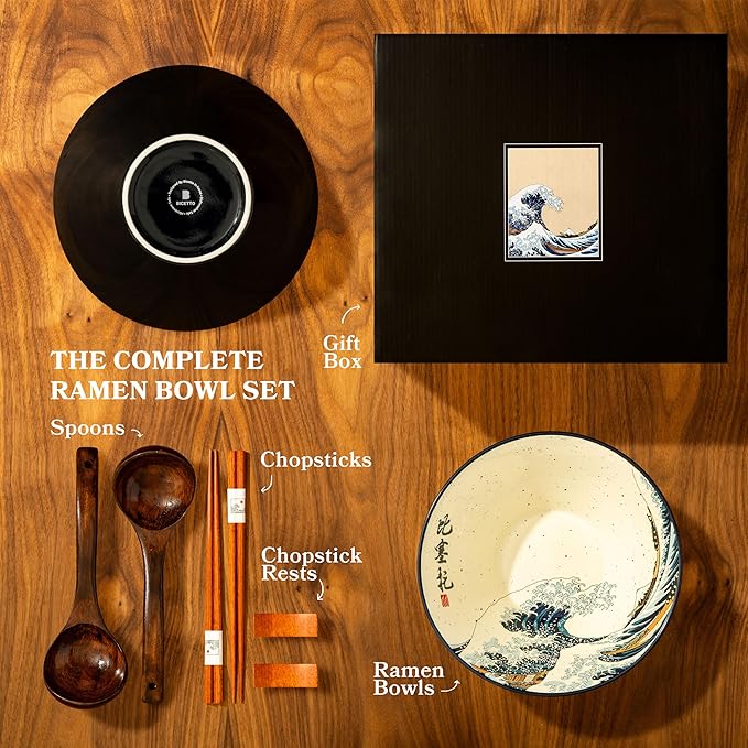 Japanese Ramen Bowl Set with Great Wave Design - 60oz Large Ceramic Bowls, Spoons, Chopsticks for Ramen, Pho, Salad, Poke - Premium Gift for Ramen Lovers - Microwave & Dishwasher Safe