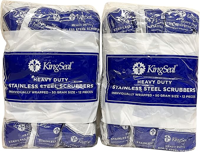 24 Count | KingSeal Stainless Steel Scrubbers, Scrub Pads, Heavy Duty, 50 gram Weight, Individually Wrapped - 2 Packs of 12 Scrubbers