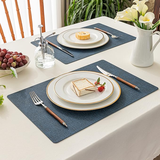Romanstile Vinyl Placemats Set of 4-12 X 18 Inch - Heat Resistant Place Mats 100% Waterproof Oilproof Wipeable Reversible Faux Leather Table Mats for Kitchen/Dining/Party/Outdoor, Navy Blue