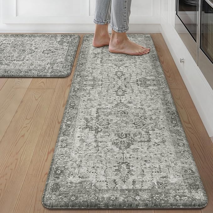 GENIMO Kitchen Mats for Floor 2PCs, Washable Anti Fatigue Mat for Cushioned, 17.3"x59"+17.3"x30", Waterproof Kitchen Rugs, Non Slip Standing Mat Rug for Home, Runner, Sink, Laundry, Vintage Grey