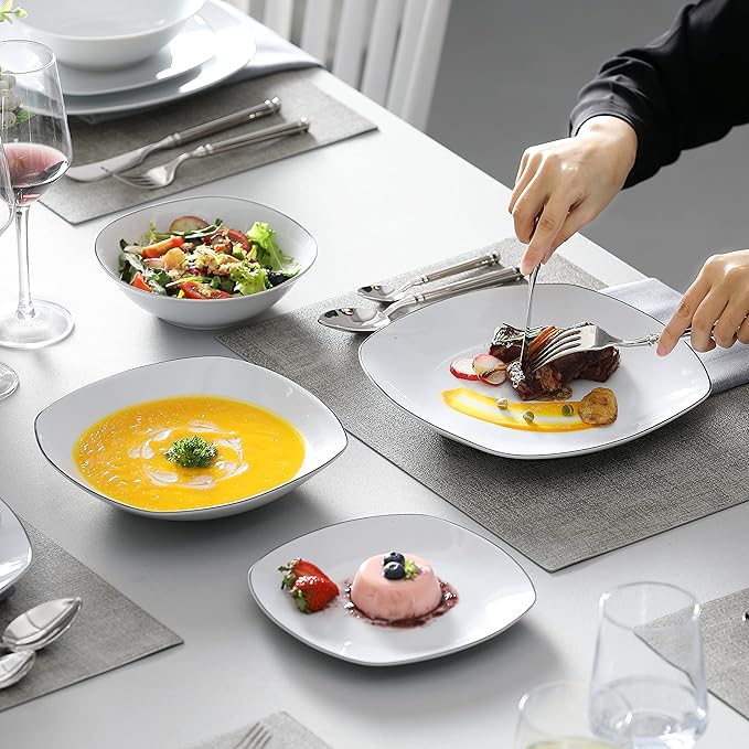 MALACASA Dinnerware Sets, 24 Piece Porcelain Square Dishes, White with Black Rim Plates and Bowls Sets, Ceramic Dish Set for 6, Chip Resistant Dishware Sets, Series ELISA