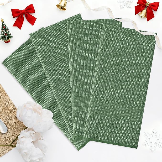 Homaxy Premium Kitchen Towels(18”x 28”, 12 Pack), Large Cotton Kitchen Hand Towels, Flat and Terry Dish Towels, 380 GSM Highly Absorbent Tea Towel Set with Hanging Loop, Grass Green