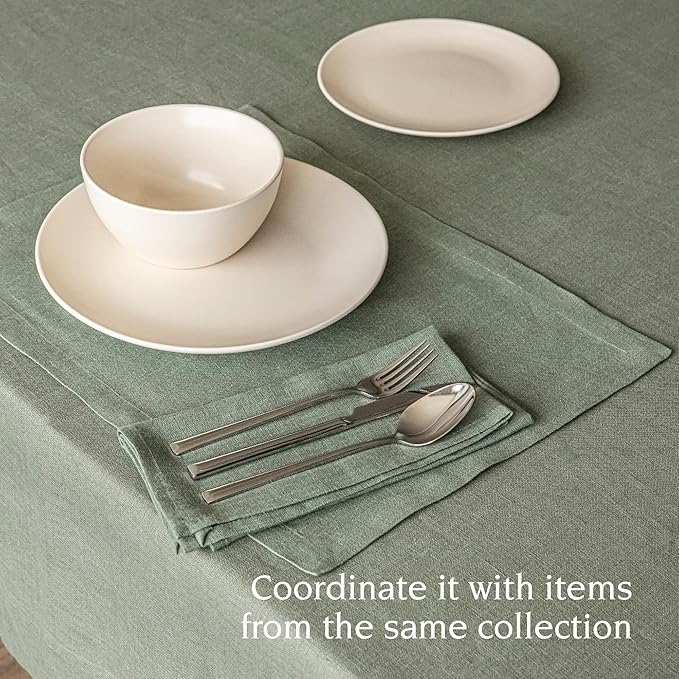 over&back 100%-Linen Woven Tablecloth - Colorful Dining Room Table Cover - Mitered Corner Hems - Machine Washable - Kitchen and Home Decor - Green - 70x90