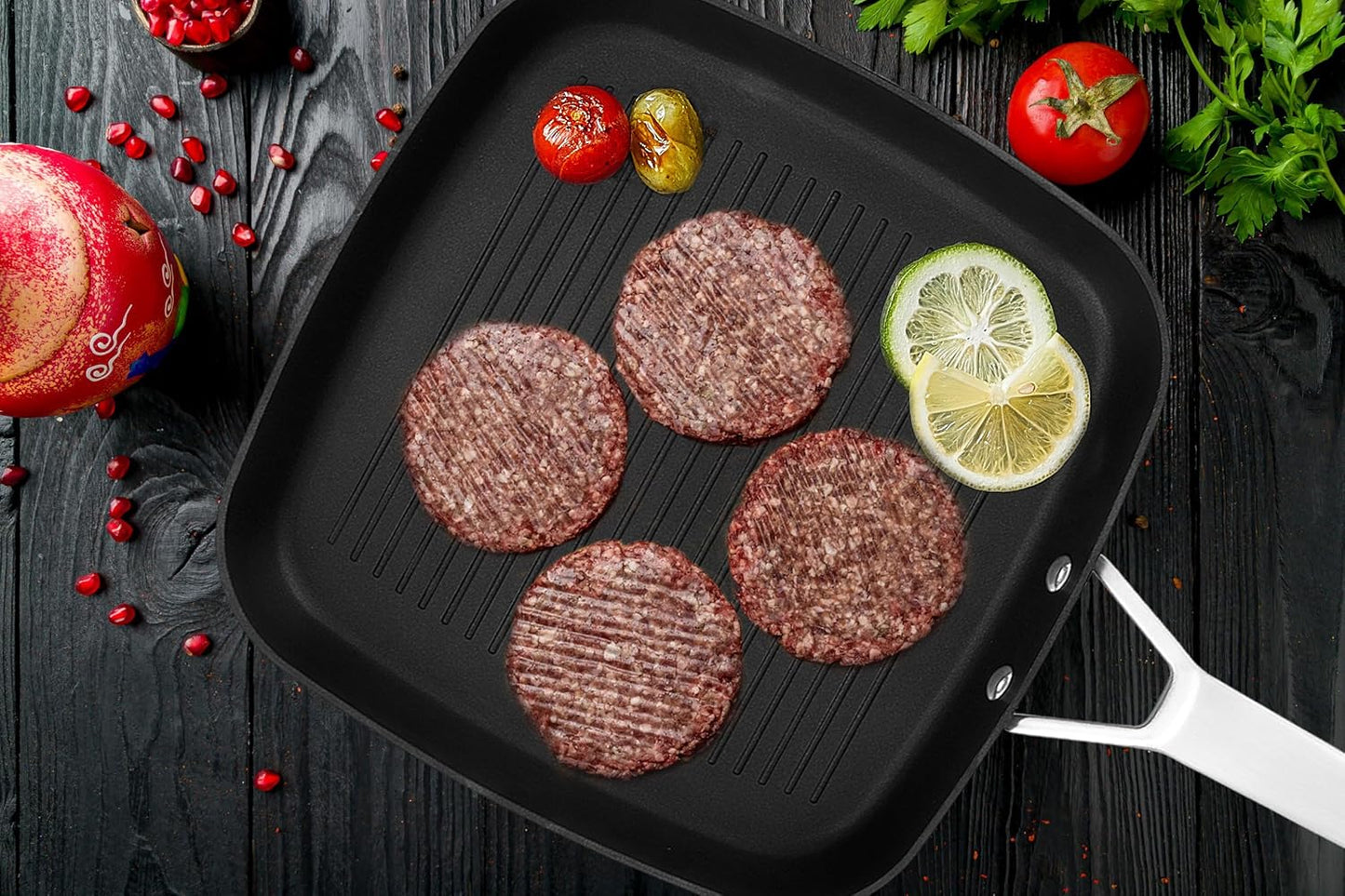 MsMk 11 Inch Induction Grill Pan, Bacon Carbonize also Nonstick, PFOA Free Non-Toxic, Stay-Cool Handle, Scratch-resistant, Induction Griddle Pan for Stove Top