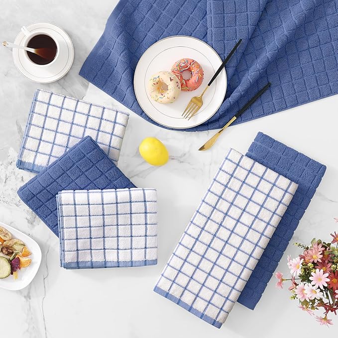 Homaxy Premium Cotton Kitchen Towels 16"x 28", Large Natural Ring Spun 390 GSM Dish Towels, Super Absorbent Terry Kitchen Hand Towels, Soft Tea Towel with Hanging Loop, Navy Blue Check Design, 6 Pack