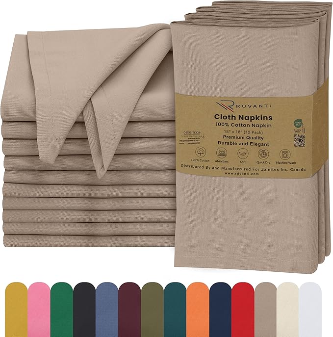 Ruvanti Cloth Napkins Set of 12, 18x18 Inches, 100% Cotton, Washable, Soft & Absorbent, Perfect for Wedding, Christmas, ‎Thanksgiving Dinners - Light Taupe