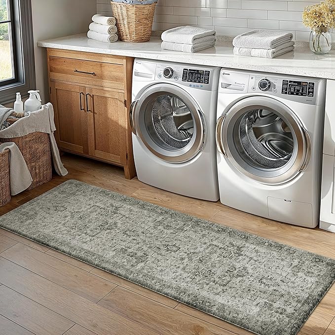 GENIMO Kitchen Mats for Floor 2PCs, Washable Anti Fatigue Mat for Cushioned, 17.3"x59"+17.3"x30", Waterproof Kitchen Rugs, Non Slip Standing Mat Rug for Home, Runner, Sink, Laundry, Vintage Grey