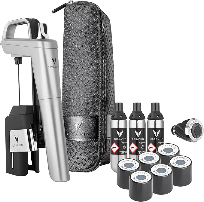 Coravin Timeless Six Plus Wine Preservation System - By-the-Glass Wine Saver - With 3 Pure Argon Gas Capsules, 6 Screw Caps & Wine Aerator - Silver