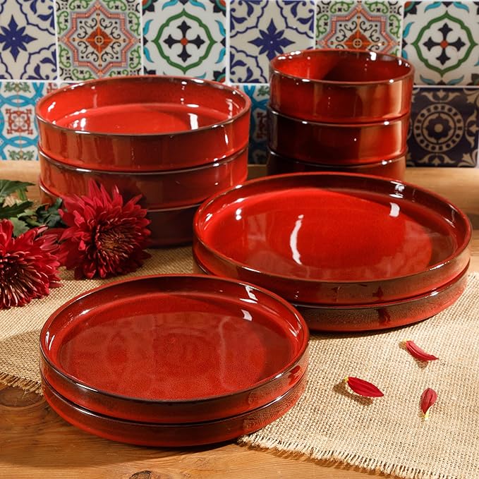 Bloomhouse Santorini Mist Double Bowl Terracotta Reactive Glaze Plates and Bowls Dinnerware Set - Garnet Red, Service for Four (16pcs)