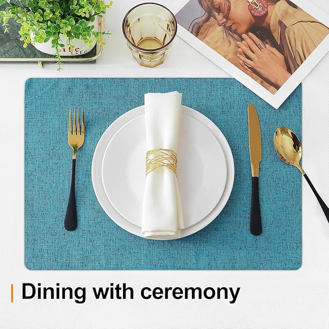 Homaxy Cloths Placemats for Dining Table Set of 8, Heat Resistant Washable Cotton Linen Blend Table Mats, Easy to Clean Place Mats for Indoor Outdoor Party Kitchen Decoration, 13" x 19", Teal