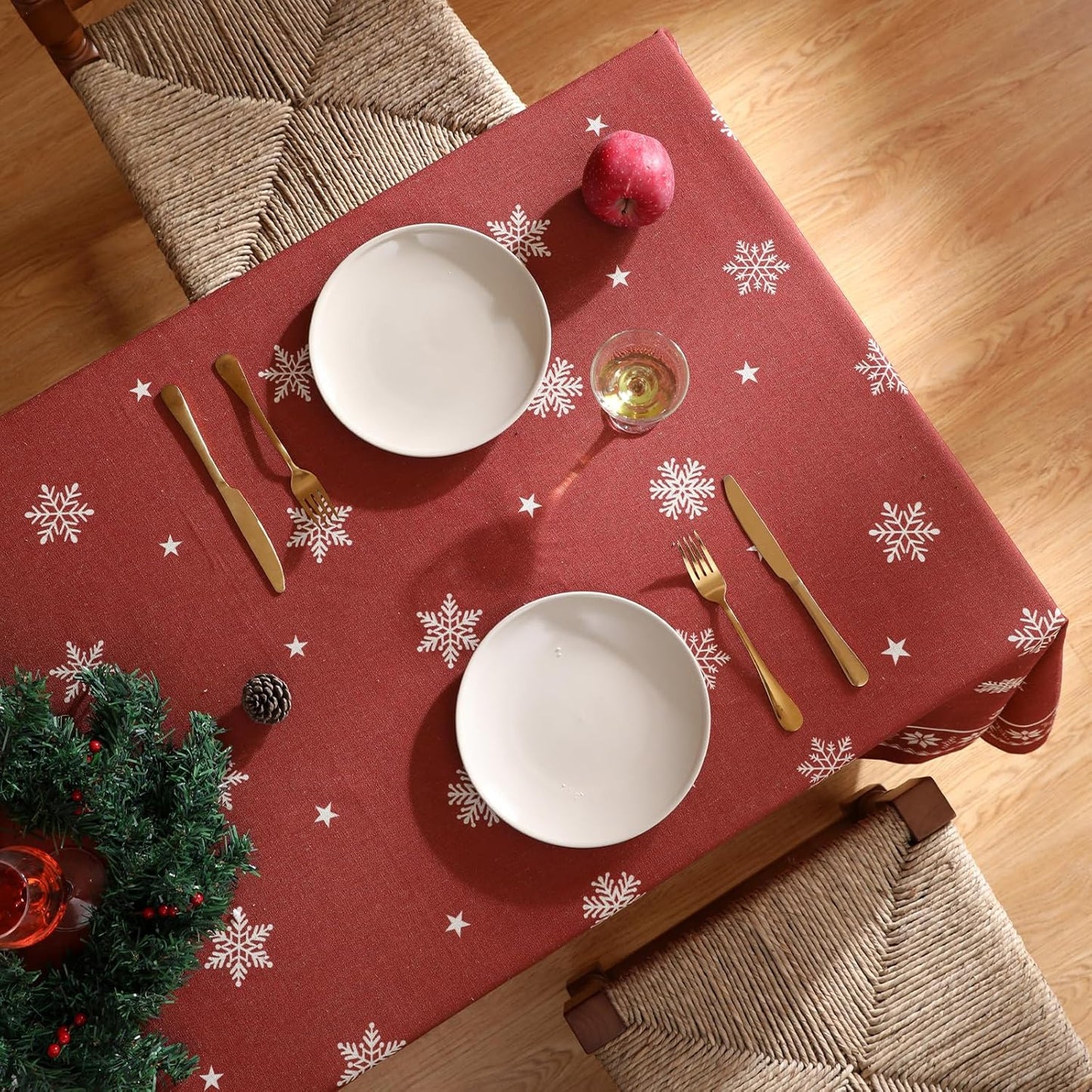 Christmas Tablecloth for Rectangular Tables,Linen Table Cloth with Red Background and White Snowflakes Pattern,Heavy Durable Table Cover for Dining Kitchen Party Christmas,55"*87"