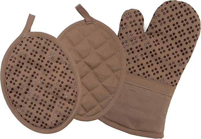 Sticky Toffee Oven Mitt and Pot Holder Set of 3 – Brown Non-Slip Silicone Kitchen Hot Pads and Mitts, 100% Cotton Shell, Oeko-Tex Cotton