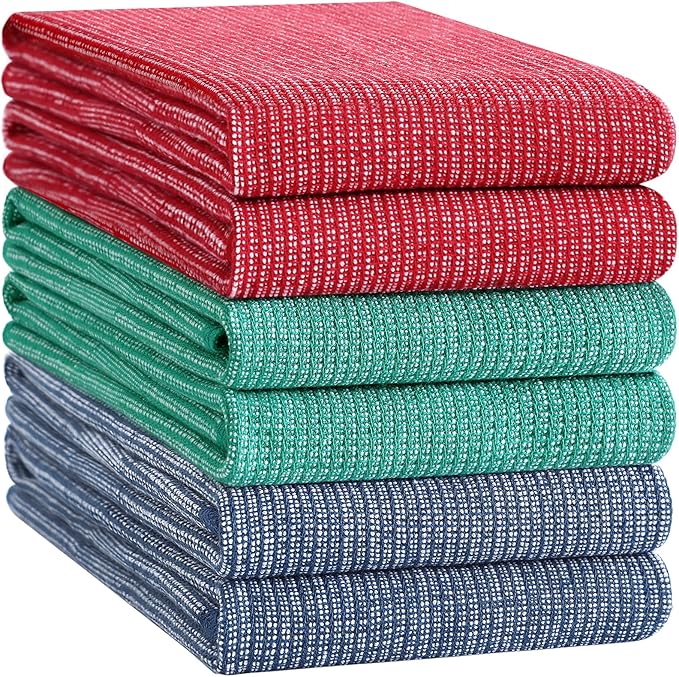 Homaxy Premium Kitchen Towels(18”x 28”, 6 Pack), Large Cotton Kitchen Hand Towels, Flat and Terry Dish Towels, 380 GSM Highly Absorbent Tea Towel Set with Hanging Loop, Navy Blue/Red/Green