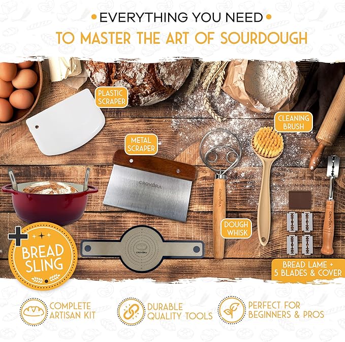 6 QT Enameled Cast Iron Dutch Oven for Bread Baking with Lid - Incl. Sourdough Bread Baking Supplies like Banneton Bread Proofing Basket, Cast Iron Bread Oven, Bread Pan, bread making tools