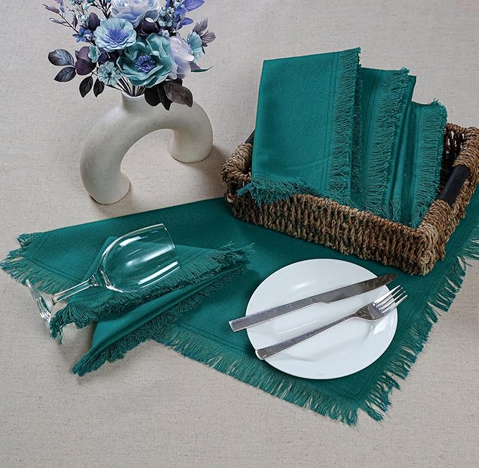 Bedding Craft Cotton Cloth Dinner Napkins Set of 12 – 18x18 Funfare with Frayed Selvedge Edges – Machine Washable Fabric Napkins for Weddings, Baby Showers, Parties & Everyday Dining