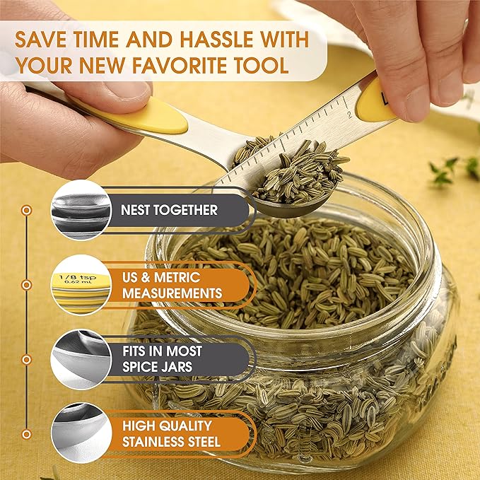 Spring Chef Yellow Stainless Steel Magnetic Measuring Spoons Set of 8 with Leveler, Dual Sided Metal Teaspoon & Tablespoon Measuring Spoons, Kitchen Gadgets for Baking & Cooking, Fits in Spice Jars