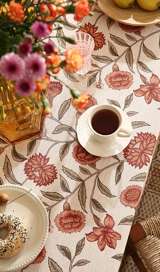 Floral Tablecloth for Rectangle Tables,Linen Table Cloth with Orange Flowers and Green Leaves,Heavy Durable Table Cover for Dining Thanksgiving Kitchen Party Banquet Christmas,55"*79"