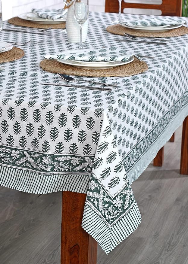 Ridhi Emerald Green Hand Block Print Cotton Rectangle Tablecloth 120 x 80 inches Reusable Table Cover Decorative Everyday Use for Dining Room, Farmhouse, Home, Party, Festive & Wedding, Fall