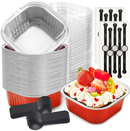 60 Pack Mini Cake Pans with Lids Mini Aluminum Pans, Disposable Loaf Pans Cupcake Liners with Lids for Pudding, Souffle, Party, Wedding(Red, 10 oz)