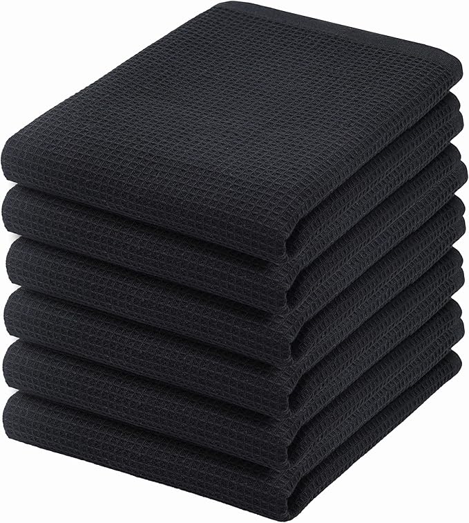 PurpleEssences Waffle Weave Kitchen Towel, 100% Cotton - 15x25 Inches, with Hanging Loop Ultra Soft Absorbent Quick Drying Dish Cloth, Tea and Hand Towels, 6 Pack - Christmas Holiday Winter - Black