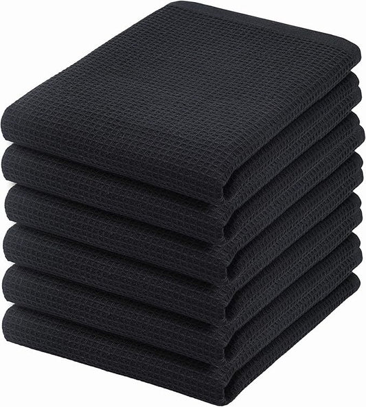 PurpleEssences Waffle Weave Kitchen Towel, 100% Cotton - 15x25 Inches, with Hanging Loop Ultra Soft Absorbent Quick Drying Dish Cloth, Tea and Hand Towels, 6 Pack - Christmas Holiday Winter - Black
