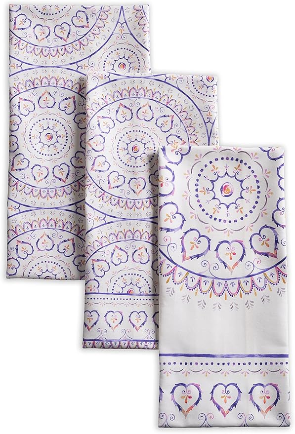 Maison d' Hermine Kitchen Towels Set of 3 100% Cotton 27.50" x 20" Reusable Cloth Tea Dish Towels Absorbent with Hanging Loop for Kitchen, Home, Dining, Cocktail Parties Spring/Summer (Mandala)