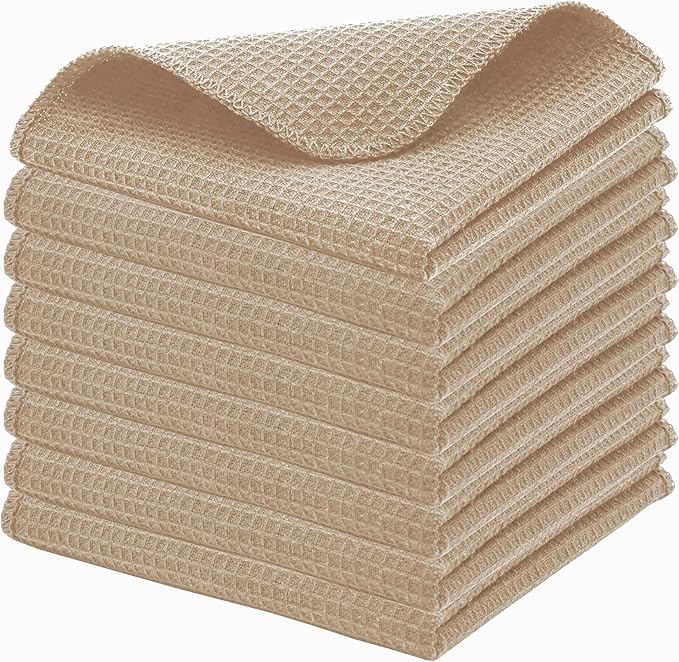 PurpleEssences Dish Cloths and Dish Rags - 8 Pack Waffle Weave Solid Kitchen Dish Wash Cloths, 100% Cotton, 12 x 12 Inches, Ultra Soft Absorbent Quick Drying - Christmas Holiday Winter - Beige