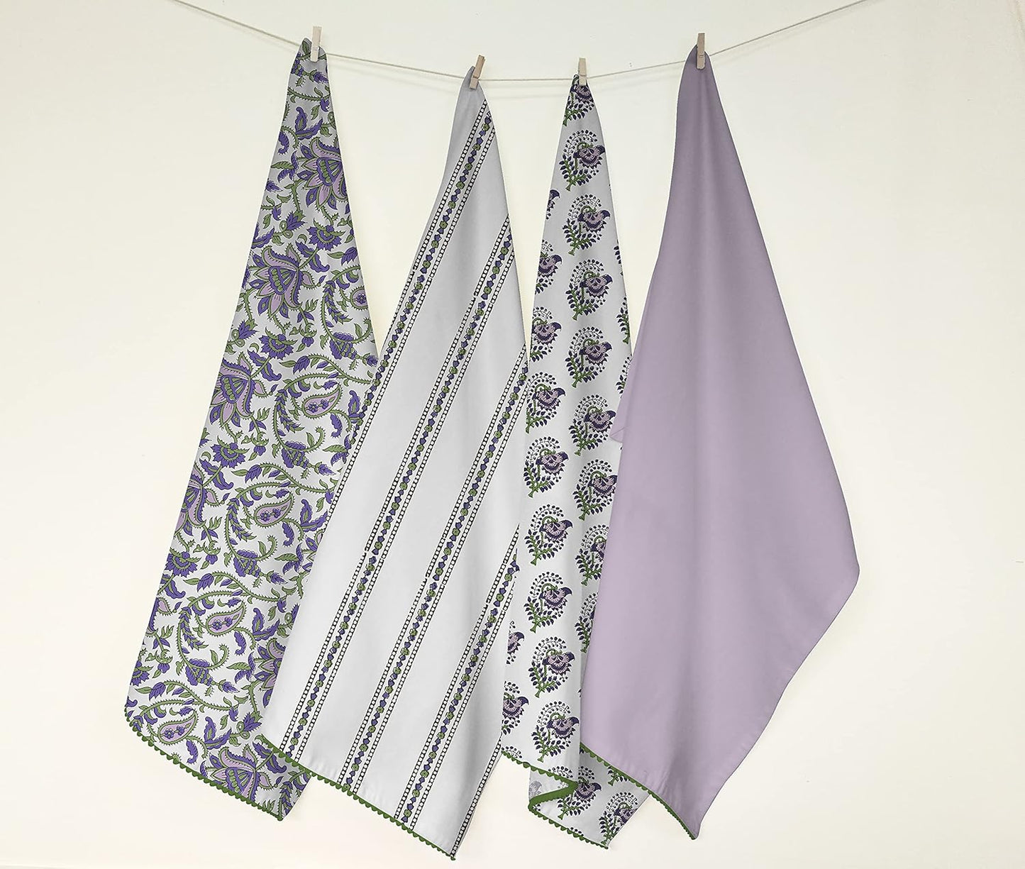 Printed Kitchen Dish Bar and Tea Towels Cotton, 18x28 inch with Trims, Cotton Dish Towel Sets (White & Purple, Set of 4)