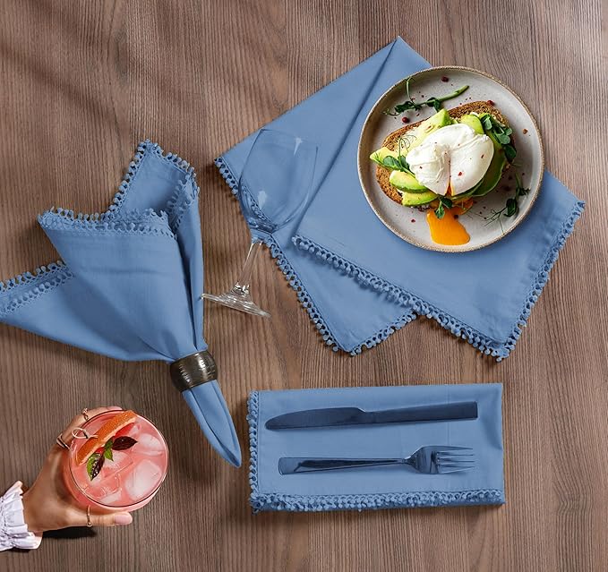 Bedding Craft Cotton Cloth Dinner Napkins Set of 12 – 18x18 Light Blue with Decorative Lace Selvedge – Elegant Machine Washable Fabric Napkins for Weddings, Parties, Baby Showers & Dining