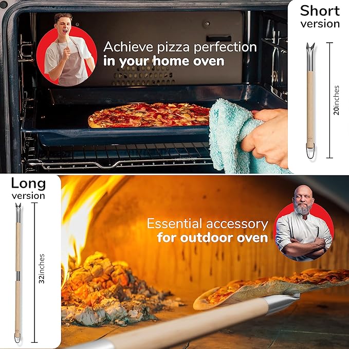 Pizza Turner Fork & Bubble Popper - Easy Pizza Rotation for Evenly Baked Crust - Adjustable Handle [26"-32”]