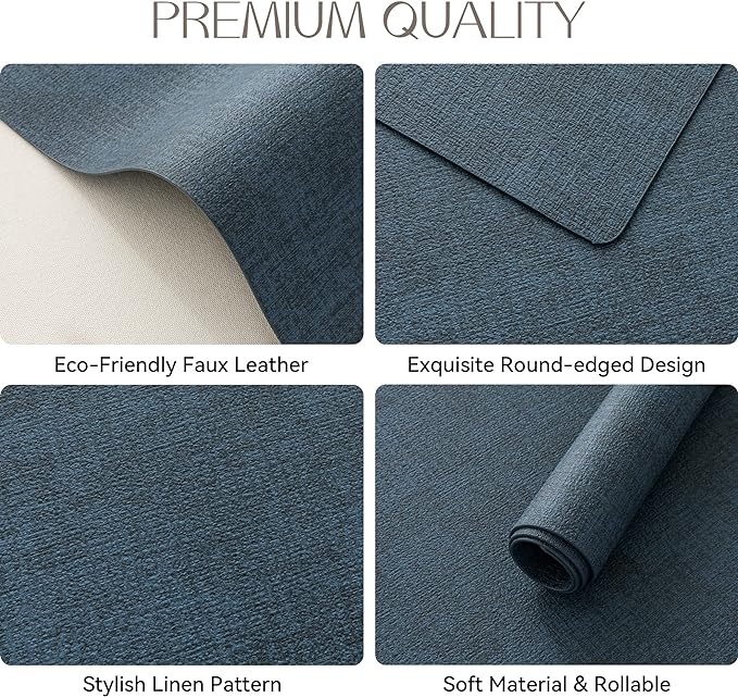 Romanstile Vinyl Placemats Set of 12-12 X 18 Inch - Heat Resistant Place Mats 100% Waterproof Oilproof Wipeable Reversible Faux Leather Table Mats for Kitchen/Dining/Party/Outdoor, Navy Blue