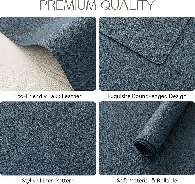 Romanstile Vinyl Placemats Set of 4-12 X 18 Inch - Heat Resistant Place Mats 100% Waterproof Oilproof Wipeable Reversible Faux Leather Table Mats for Kitchen/Dining/Party/Outdoor, Navy Blue