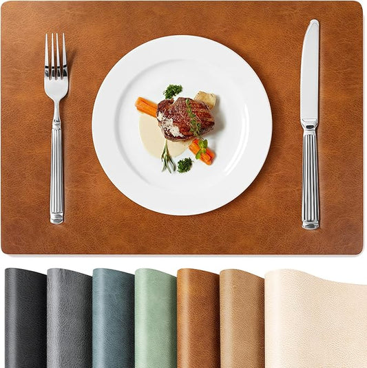 Roxifina Faux Leather Placemats Set of 6 - Vinyl Placemats Wipeable Waterproof Oil-Proof PU Place Mats Heat Resistant Reversible Table Mats for Dining, Kitchen, Outdoor, 12 x 17 Inch (Reddish Brown)