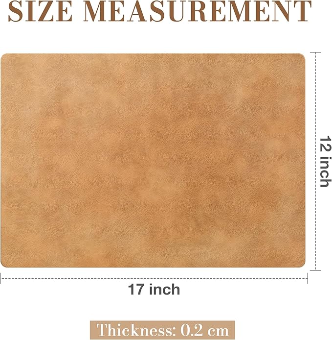 Roxifina Faux Leather Placemats Set of 8 - Vinyl Placemats Wipeable Waterproof Oil-Proof PU Place Mats Heat Resistant Reversible Table Mats for Dining, Kitchen, Outdoor, 12 x 17 Inch (Camel)