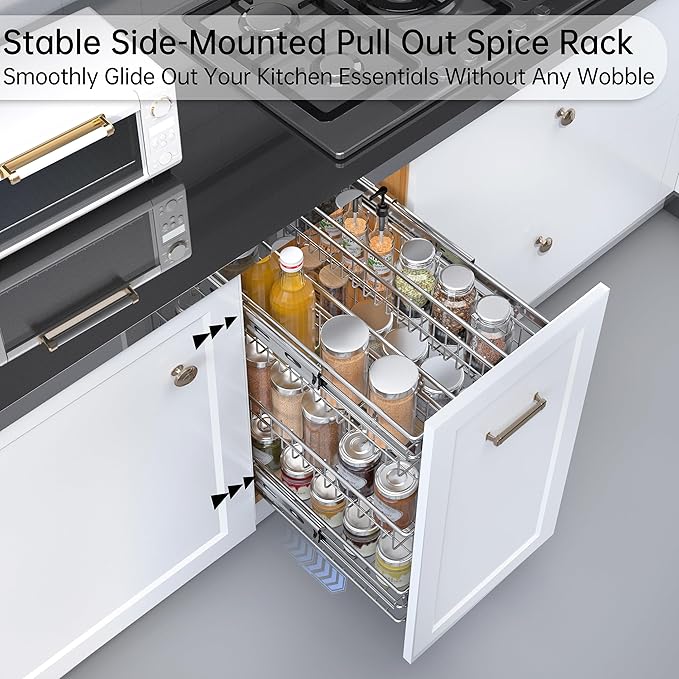 Narrow Pull Out Cabinet Organizer(4⅜" W x 18⅛" D),Pull Out Spice Rack, 3-Tier Side Mount Slide Out Spice Rack for Narrow Cabinet
