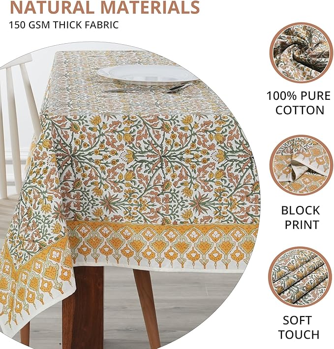 Ridhi Goldenrod Yellow 72X140 Inches Rectangle 100% Cotton Hand Block Print Tablecloth Washable Halloween Thanksgiving/Christmas Parties/Wedding Use,Fall décor Farmhouse Dining Dinner Tablecloth