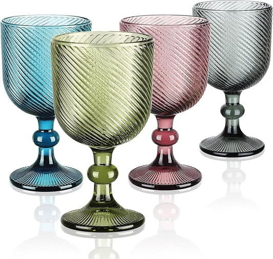 Joeyan Vintage Wine Glasses,Ribbed Embossed Water Goblet Drinking Glasses,Stemmed Colored Wine Glassware for Christmas Party Wedding Table Decor,12 oz,Set of 4, Dishwasher Safe
