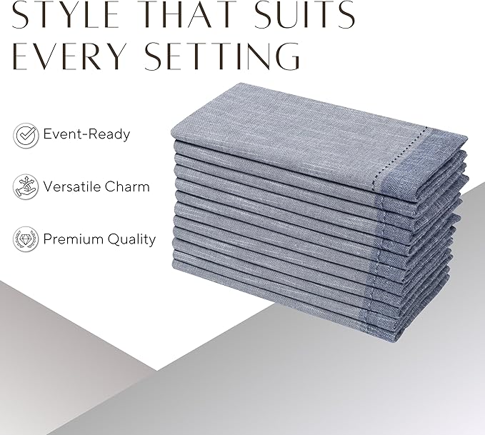 Ramanta Home Cloth Napkins Set of 12 Textured Cotton 18x18 - Premium Contrast Border Thanksgiving Dinner Napkins for Christmas Farmhouse Wedding, Soft Washable Table Linen for Everyday Use - Grey